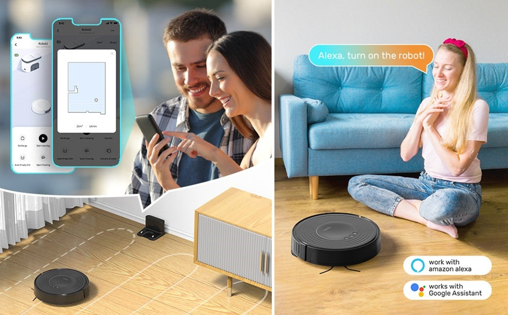 Robot Aspirador Verefa V60m Lite, Succión Máxima de 2700Pa, Aspiración y Fregado 2 en 1, Depósito de Polvo de 250ml, Autonomía Máxima de 150 Minutos, Control por App/Voz - Negro