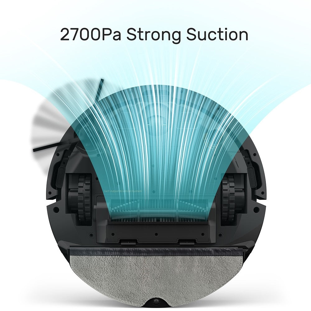 Robot Aspirador Verefa V60m Lite, Succión Máxima de 2700Pa, Aspiración y Fregado 2 en 1, Depósito de Polvo de 250ml, Autonomía Máxima de 150 Minutos, Control por App/Voz - Negro
