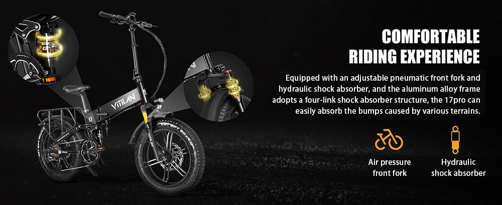 Bicicleta eléctrica Vitilan I7 Pro 3.0, motor de 750 W, batería de 48 V 20 Ah, neumáticos gruesos de 20 x 4.0 pulgadas, velocidad máxima de 45 km/h, autonomía máxima de 110 km, freno de disco hidráulico, amortiguación trasera hidráulica, horquilla delantera con suspensión neumática, Shimano de 8 velocidades - Negro