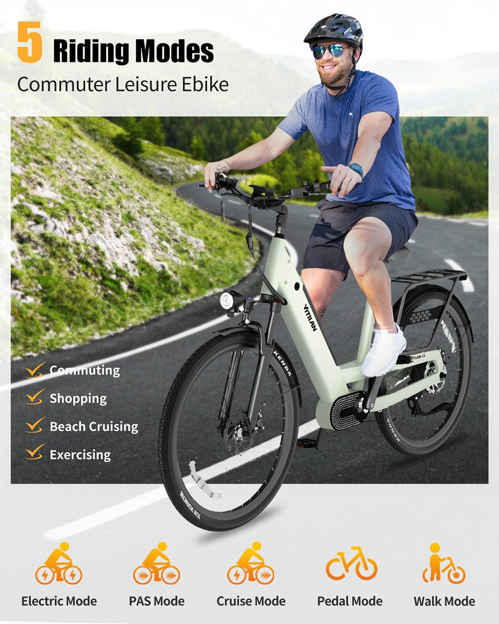 Vitilan L5 Elektrofahrrad, 500-W-Motor, 48-V-15-Ah-Akku, 26 x 2,4-Zoll-Reifen, 40 km/h Höchstgeschwindigkeit, 105 km Reichweite, hydraulische Scheibenbremsen, einstellbare Federgabel, Shimano 7-Gang-Schaltung, intelligentes Farbdisplay – Grün