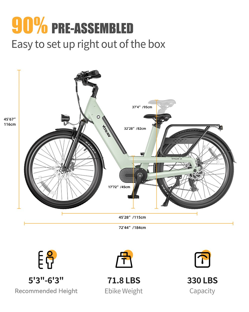 Vitilan L5 Elektrofahrrad, 500-W-Motor, 48-V-15-Ah-Akku, 26 x 2,4-Zoll-Reifen, 40 km/h Höchstgeschwindigkeit, 105 km Reichweite, hydraulische Scheibenbremsen, einstellbare Federgabel, Shimano 7-Gang-Schaltung, intelligentes Farbdisplay – Grün