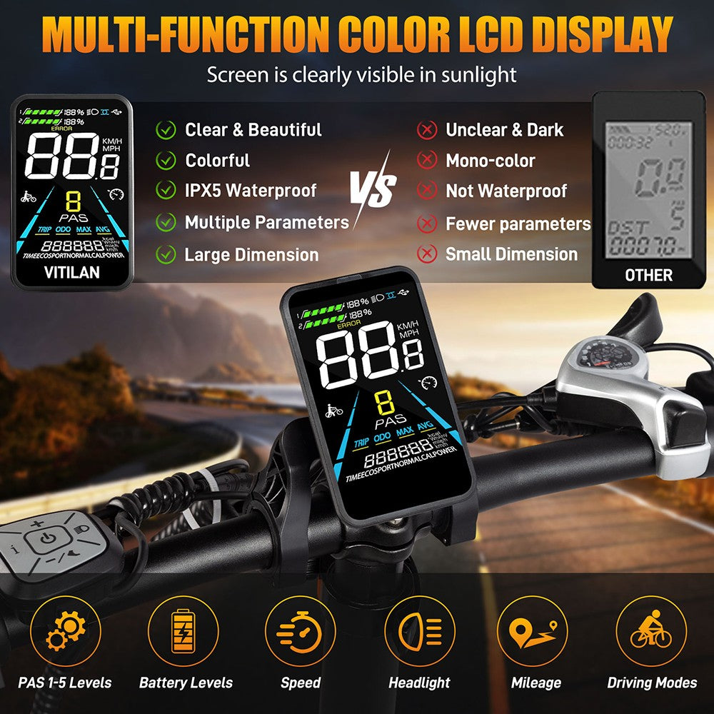 Bicicleta Eléctrica Vitilan V3 2.0, Motor de 750W, Batería de 48V 13Ah, Neumáticos CST Fat de 26*4.0 pulgadas, Velocidad Máxima de 45 km/h, Autonomía de 73 km, Freno de Disco Hidráulico, Horquilla Delantera con Suspensión, Shimano de 7 velocidades, Pantalla a Color - Negro