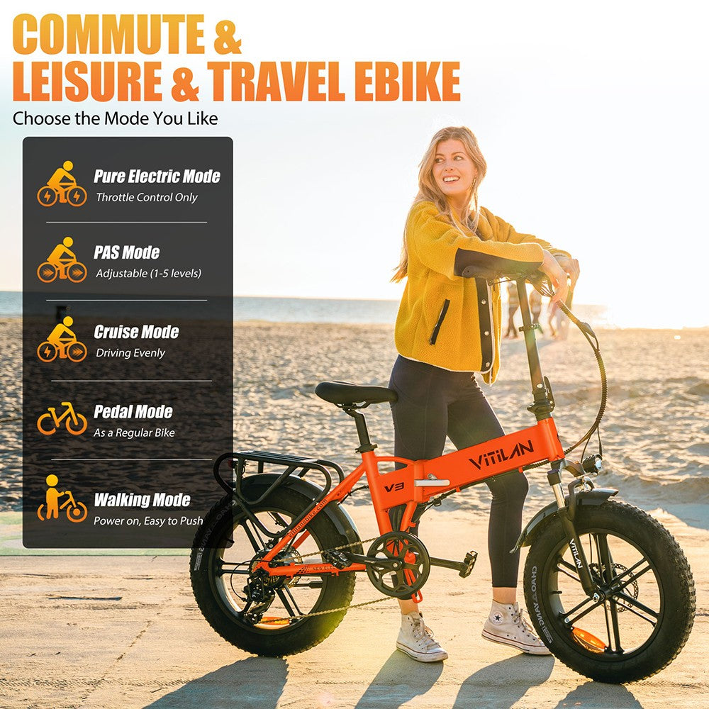 Bicicleta Eléctrica Vitilan V3 2.0, Motor de 750W, Batería de 48V 13Ah, Neumáticos CST Fat de 26*4.0 pulgadas, Velocidad Máxima de 45 km/h, Autonomía de 73 km, Freno de Disco Hidráulico, Horquilla Delantera con Suspensión, Shimano de 7 velocidades, Pantalla a Color - Negro