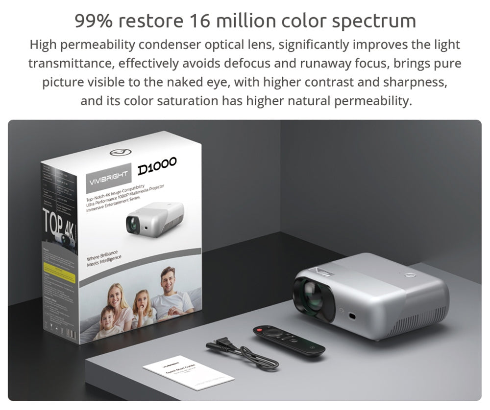 Proyector LCD VIVIBRIGHT D1000, LED de 70W, 450 ANSI lúmenes, 4K HD, 1080P, WiFi 2.4G/5G, Bluetooth 4.0