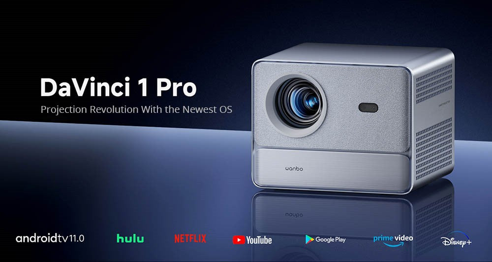 [Netflix 1080P] Proyector WANBO DaVinci 1 Pro, Android 11, 600 lúmenes ANSI, HDR 10, WiFi 5G y Bluetooth, enfoque automático/corrección trapezoidal automática/ajuste automático de pantalla/evitación de obstáculos, YouTube/Disney/Prime Video preinstalados.