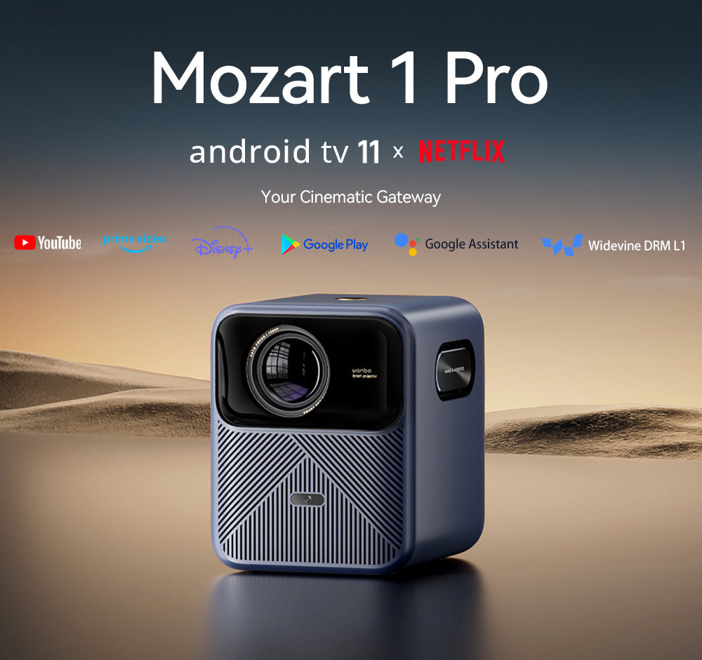 Proyector LCD Wanbo Mozart 1 Pro, 900 ANSI, resolución nativa 1080P, Android TV 11, enfoque automático, evitación de obstáculos - Enchufe UE