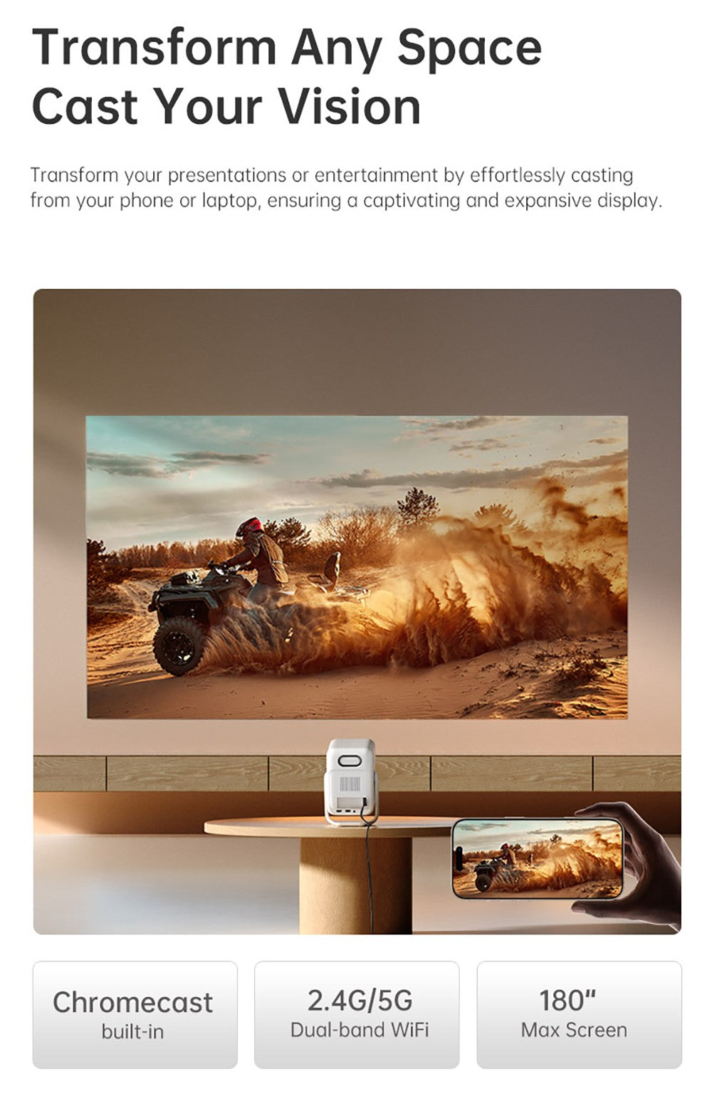 Proyector Wanbo T2 Ultra, Android TV 11, 500 ANSI lúmenes, resolución nativa 1080P, soporte giratorio de 120°, enfoque automático y corrección trapezoidal, WiFi de doble banda, altavoces de 2*5W.