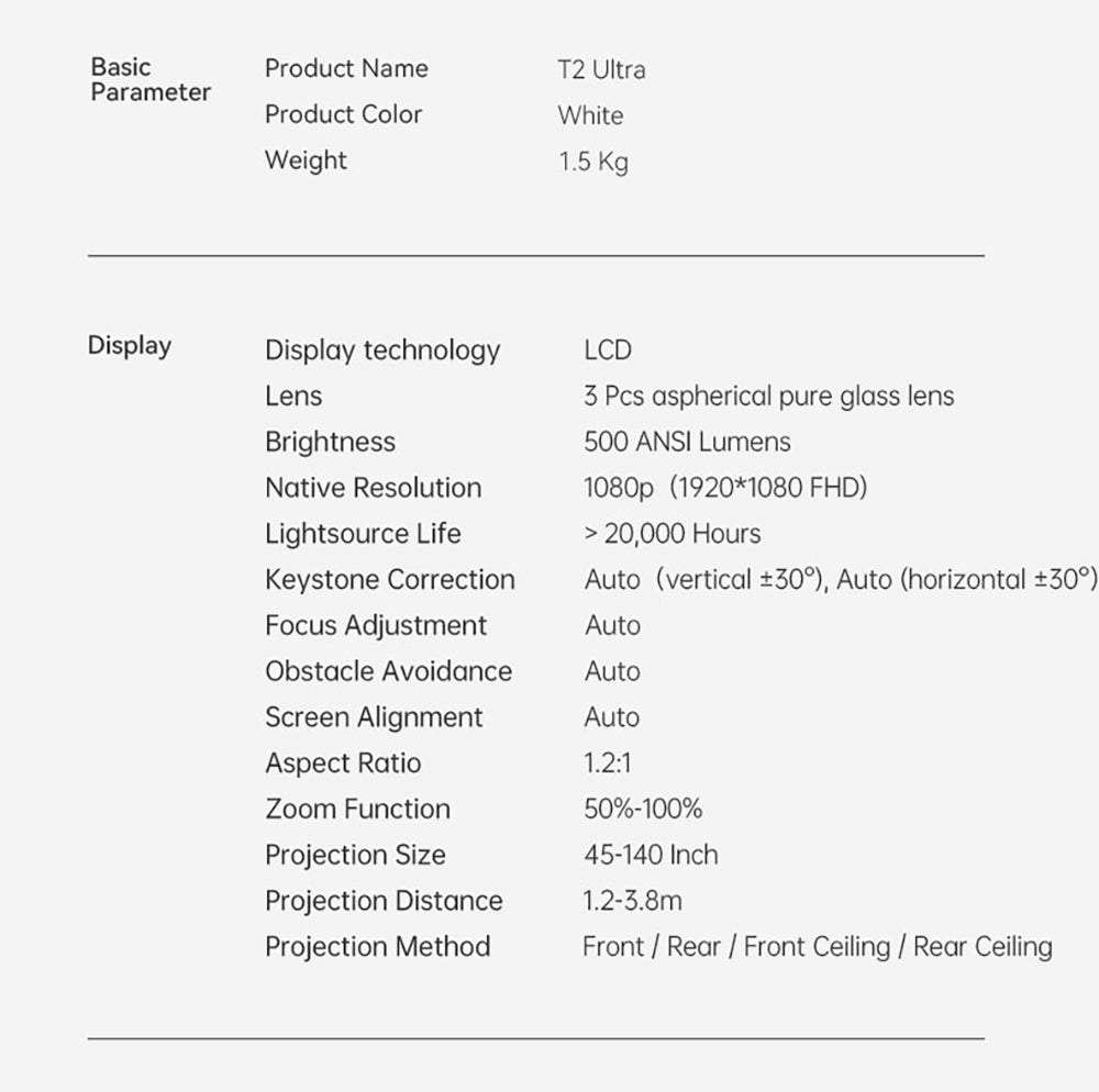 Proyector Wanbo T2 Ultra, Android TV 11, 500 ANSI lúmenes, resolución nativa 1080P, soporte giratorio de 120°, enfoque automático y corrección trapezoidal, WiFi de doble banda, altavoces de 2*5W.