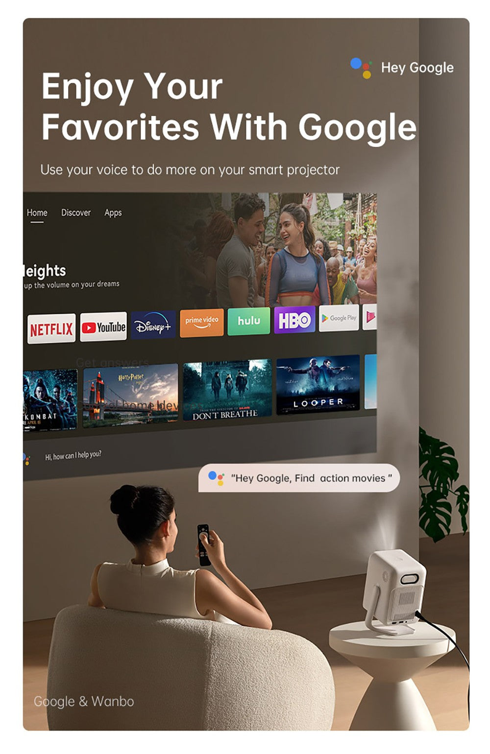 Proyector Wanbo T2 Ultra, Android TV 11, 500 ANSI lúmenes, resolución nativa 1080P, soporte giratorio de 120°, enfoque automático y corrección trapezoidal, WiFi de doble banda, altavoces de 2*5W.