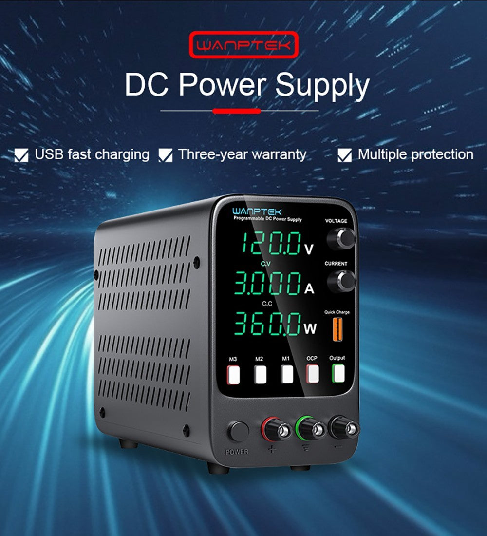 Fuente de alimentación CC regulada programable WANPTEK APS1203H, 120 V 3 A, función de memoria de almacenamiento, ajuste por codificador, carga rápida USB, pantalla de 4 dígitos, baja ondulación, ventilador de refrigeración - Enchufe del Reino Unido