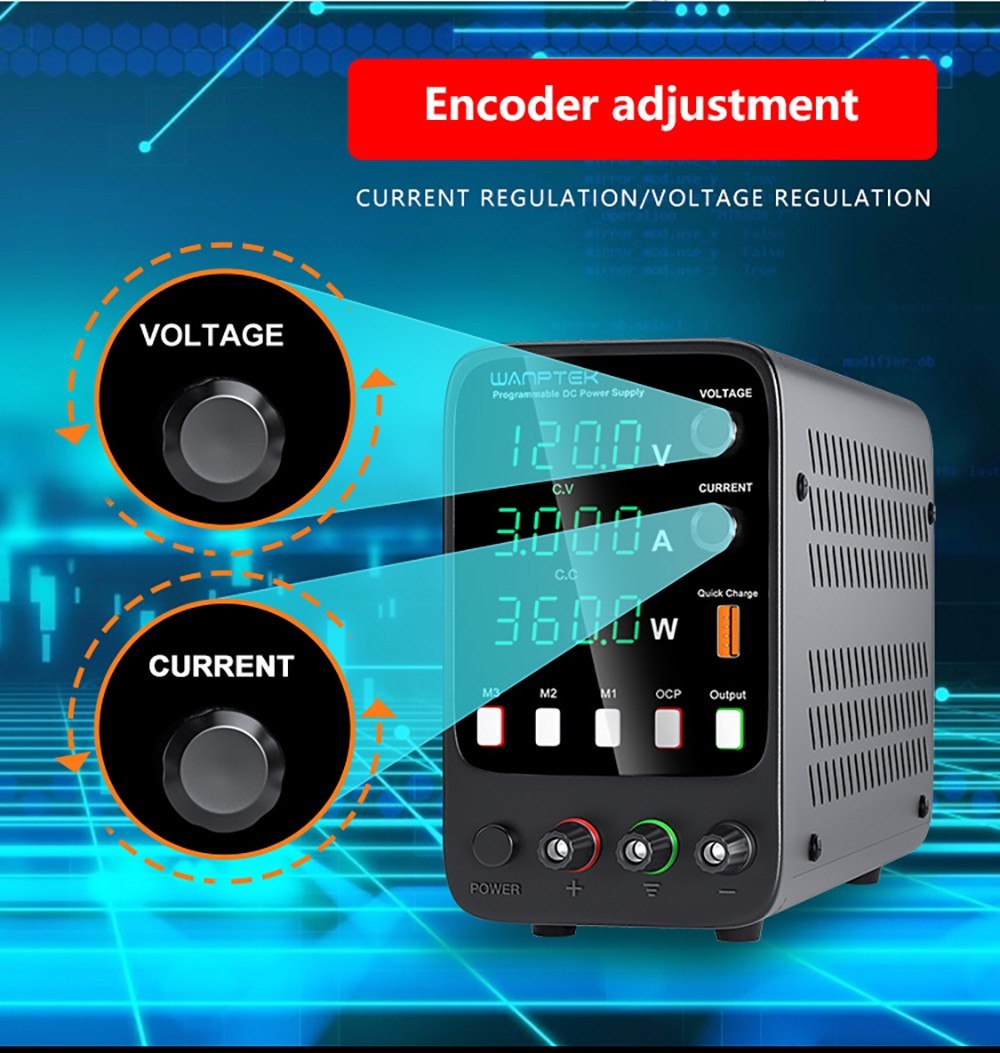 Fuente de alimentación CC regulada programable WANPTEK APS1203H, 120 V 3 A, función de memoria de almacenamiento, ajuste por codificador, carga rápida USB, pantalla de 4 dígitos, baja ondulación, ventilador de refrigeración - Enchufe del Reino Unido