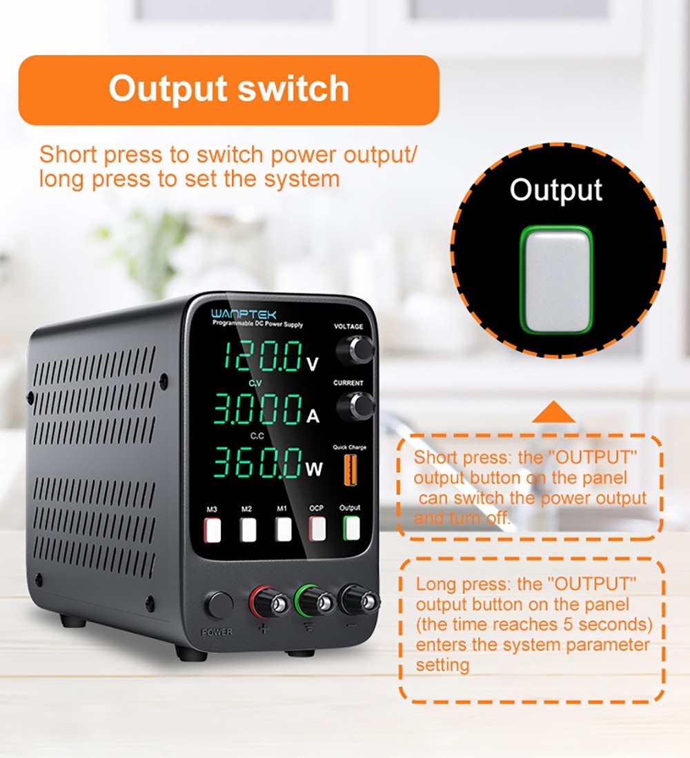 Fuente de alimentación CC regulada programable WANPTEK APS1203H, 120 V 3 A, función de memoria de almacenamiento, ajuste por codificador, carga rápida USB, pantalla de 4 dígitos, baja ondulación, ventilador de refrigeración - Enchufe del Reino Unido