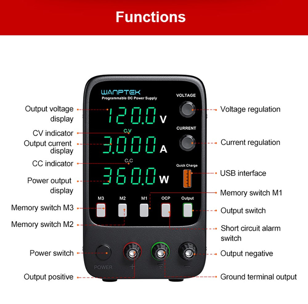 Fuente de alimentación CC regulada programable WANPTEK APS1203H, 120 V 3 A, función de memoria de almacenamiento, ajuste por codificador, carga rápida USB, pantalla de 4 dígitos, baja ondulación, ventilador de refrigeración - Enchufe del Reino Unido