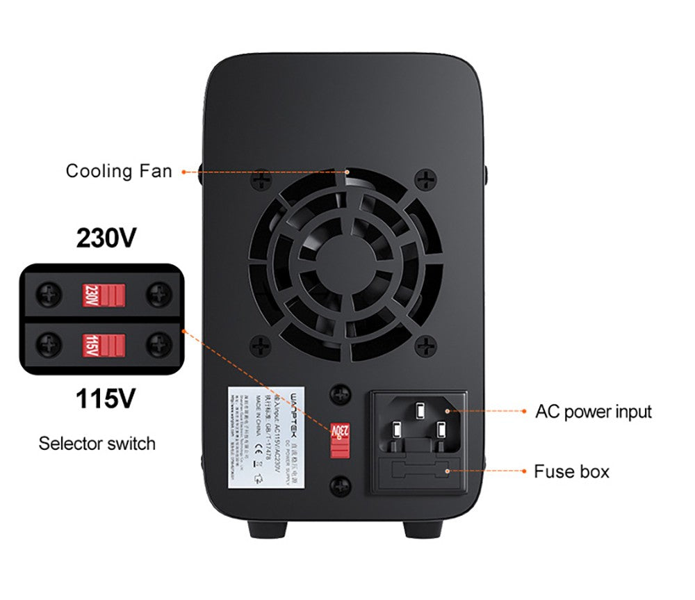 Fuente de alimentación CC regulada programable WANPTEK APS1203H, 120 V 3 A, función de memoria de almacenamiento, ajuste por codificador, carga rápida USB, pantalla de 4 dígitos, baja ondulación, ventilador de refrigeración - Enchufe del Reino Unido