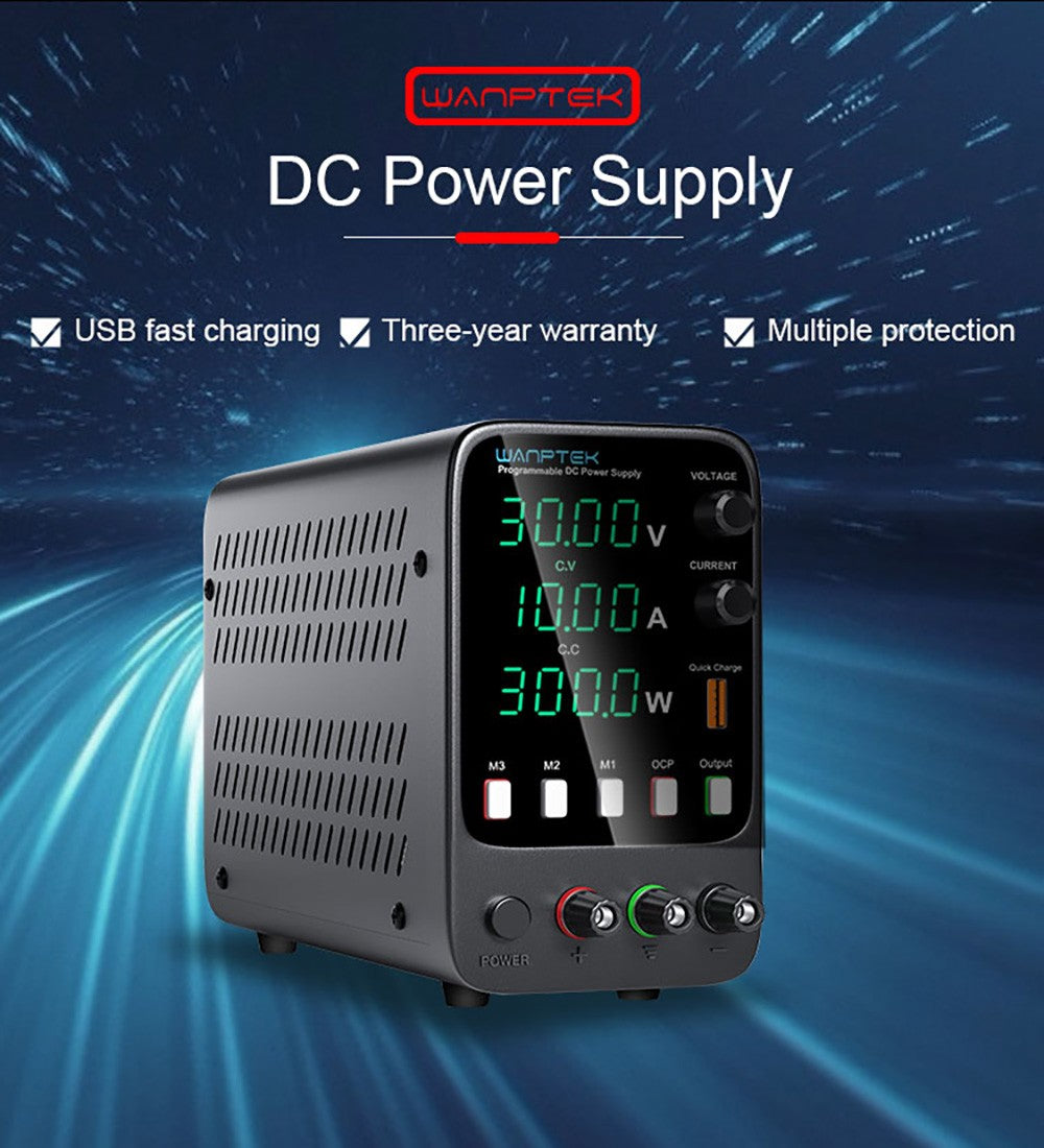 Fuente de alimentación CC regulada programable WANPTEK APS3010H, 30 V 10 A, función de memoria de almacenamiento, ajuste por codificador, carga rápida USB, pantalla de 4 dígitos, baja ondulación, ventilador de refrigeración - Enchufe estadounidense