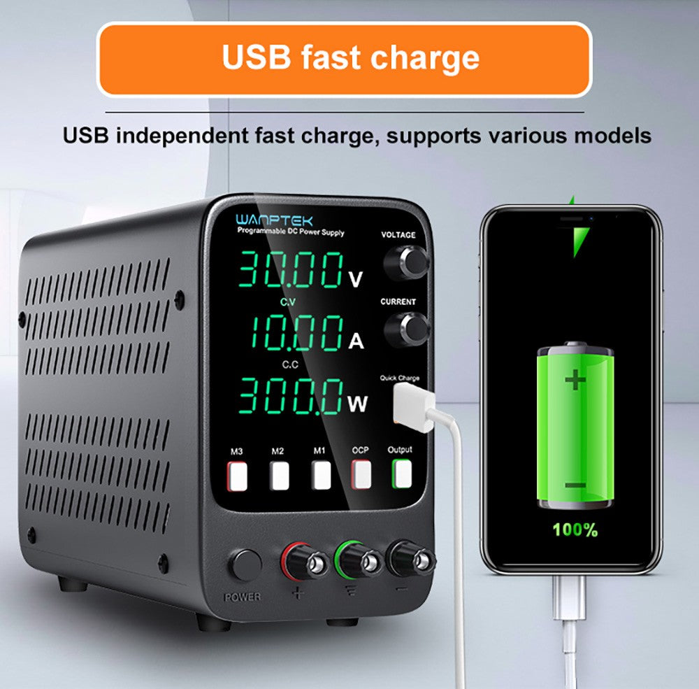 Fuente de alimentación CC regulada programable WANPTEK APS3010H, 30 V 10 A, función de memoria de almacenamiento, ajuste por codificador, carga rápida USB, pantalla de 4 dígitos, baja ondulación, ventilador de refrigeración - Enchufe estadounidense