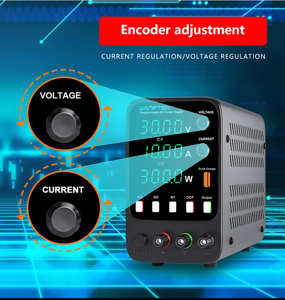 Fuente de alimentación CC regulada programable WANPTEK APS3010H, 30 V 10 A, función de memoria de almacenamiento, ajuste por codificador, carga rápida USB, pantalla de 4 dígitos, baja ondulación, ventilador de refrigeración - Enchufe estadounidense