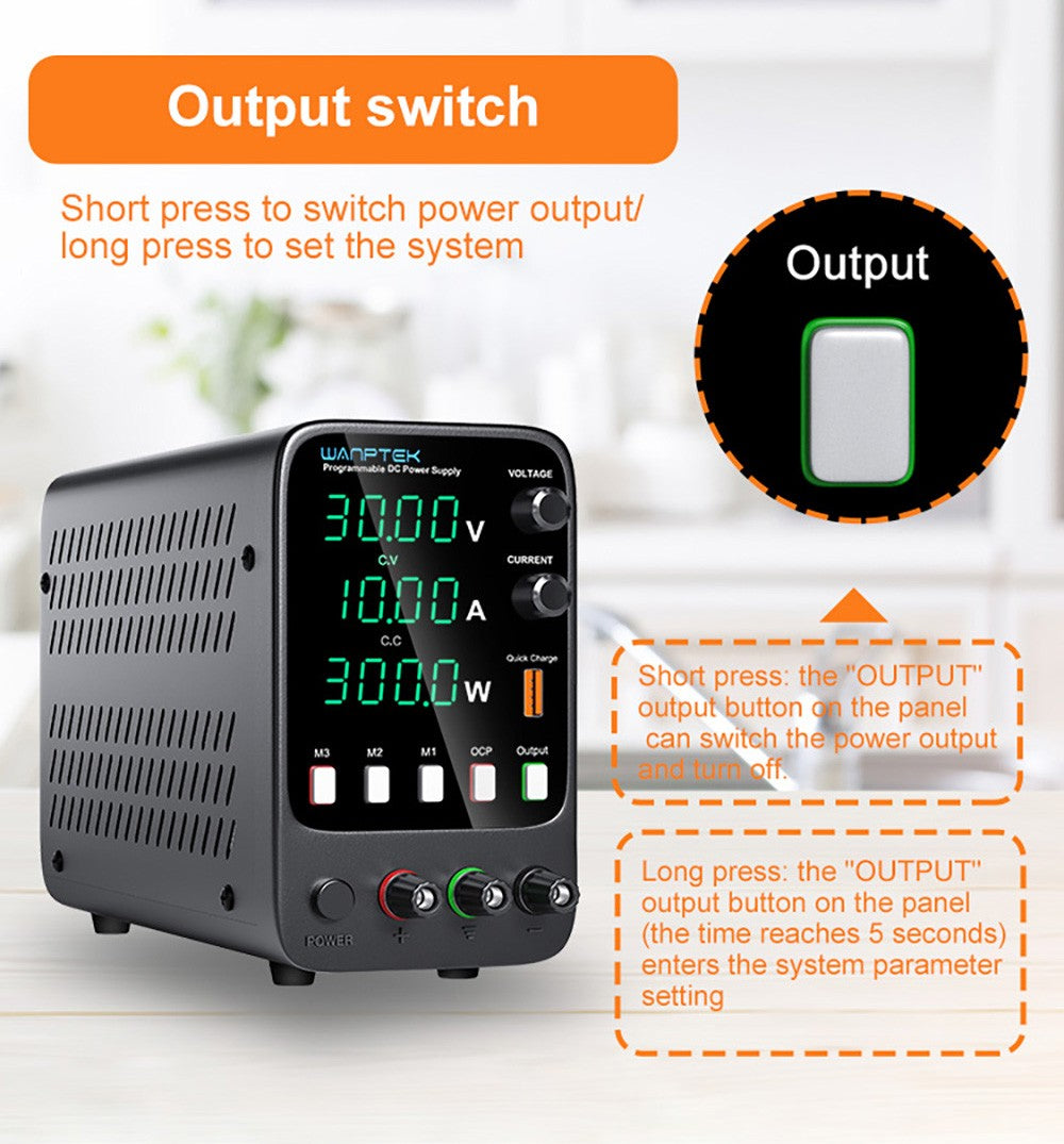 Fuente de alimentación CC regulada programable WANPTEK APS3010H, 30 V 10 A, función de memoria de almacenamiento, ajuste por codificador, carga rápida USB, pantalla de 4 dígitos, baja ondulación, ventilador de refrigeración - Enchufe estadounidense