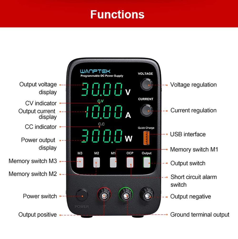 Fuente de alimentación CC regulada programable WANPTEK APS3010H, 30 V 10 A, función de memoria de almacenamiento, ajuste por codificador, carga rápida USB, pantalla de 4 dígitos, baja ondulación, ventilador de refrigeración - Enchufe estadounidense