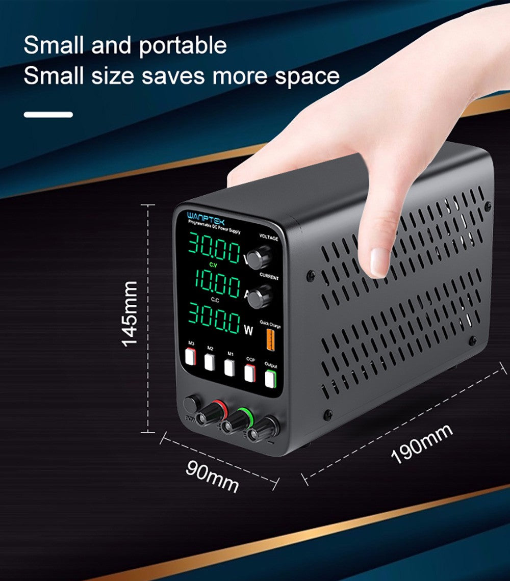 Fuente de alimentación CC regulada programable WANPTEK APS3010H, 30 V 10 A, función de memoria de almacenamiento, ajuste por codificador, carga rápida USB, pantalla de 4 dígitos, baja ondulación, ventilador de refrigeración - Enchufe estadounidense