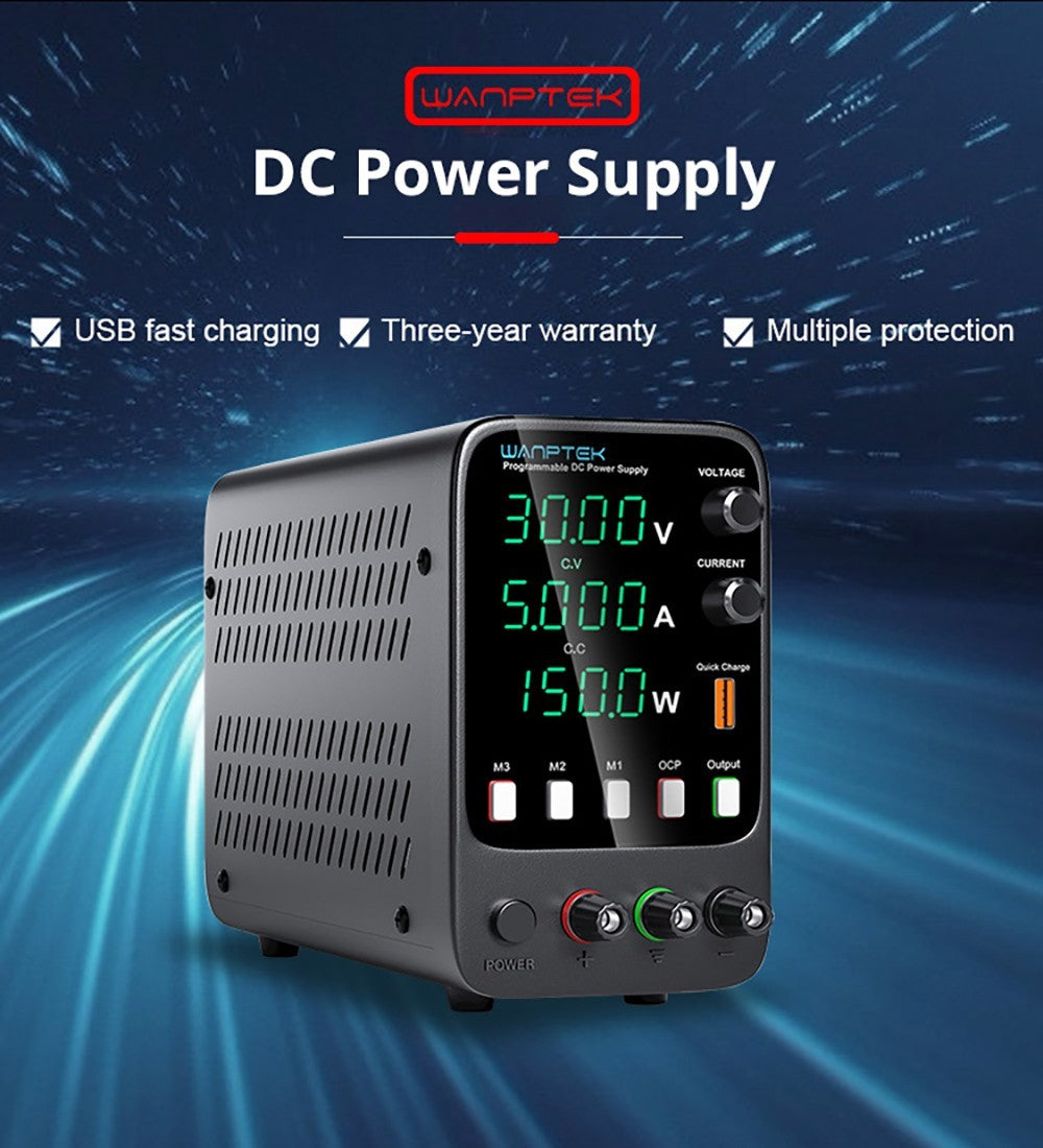 Wanptek APS305H Programmierbares geregeltes Gleichstromnetzteil, 30 V, 5 A, Speicherfunktion, Encoder-Einstellung, USB-Schnellladung, 4-stellige Anzeige, geringe Restwelligkeit, Lüfter, Schwarz – EU-Stecker