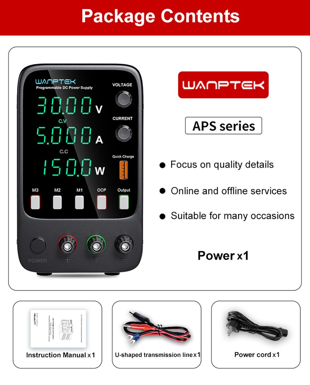 Wanptek APS305H Programmierbares geregeltes Gleichstromnetzteil, 30 V, 5 A, Speicherfunktion, Encoder-Einstellung, USB-Schnellladung, 4-stellige Anzeige, geringe Restwelligkeit, Lüfter, Schwarz – EU-Stecker