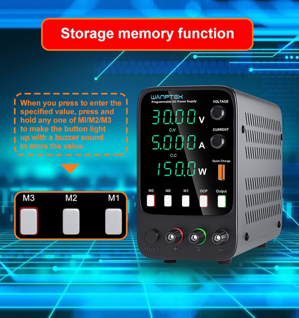 Wanptek APS305H Programmierbares geregeltes Gleichstromnetzteil, 30 V, 5 A, Speicherfunktion, Encoder-Einstellung, USB-Schnellladung, 4-stellige Anzeige, geringe Restwelligkeit, Lüfter, Schwarz – EU-Stecker