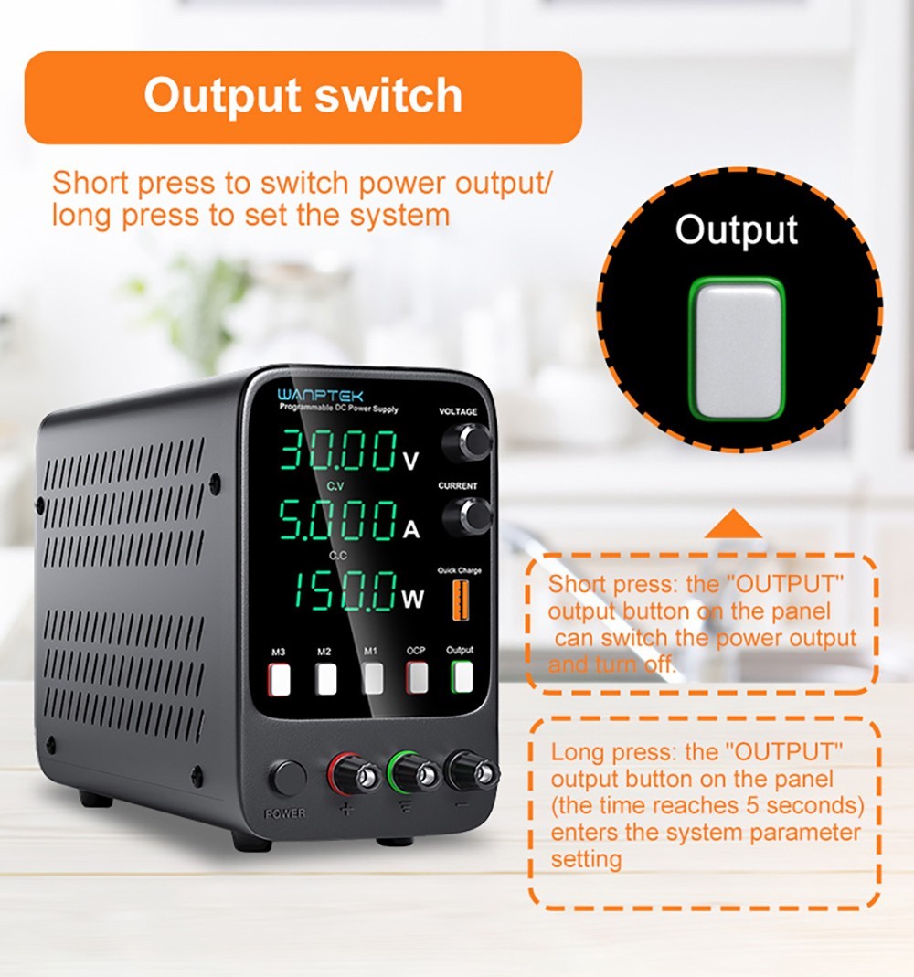 Wanptek APS305H Programmierbares geregeltes Gleichstromnetzteil, 30 V, 5 A, Speicherfunktion, Encoder-Einstellung, USB-Schnellladung, 4-stellige Anzeige, geringe Restwelligkeit, Lüfter, Schwarz – EU-Stecker