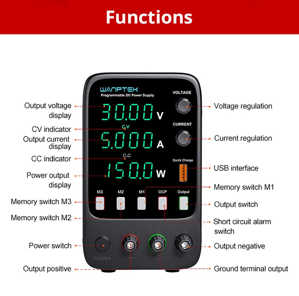 Wanptek APS305H Programmierbares geregeltes Gleichstromnetzteil, 30 V, 5 A, Speicherfunktion, Encoder-Einstellung, USB-Schnellladung, 4-stellige Anzeige, geringe Restwelligkeit, Lüfter, Schwarz – EU-Stecker