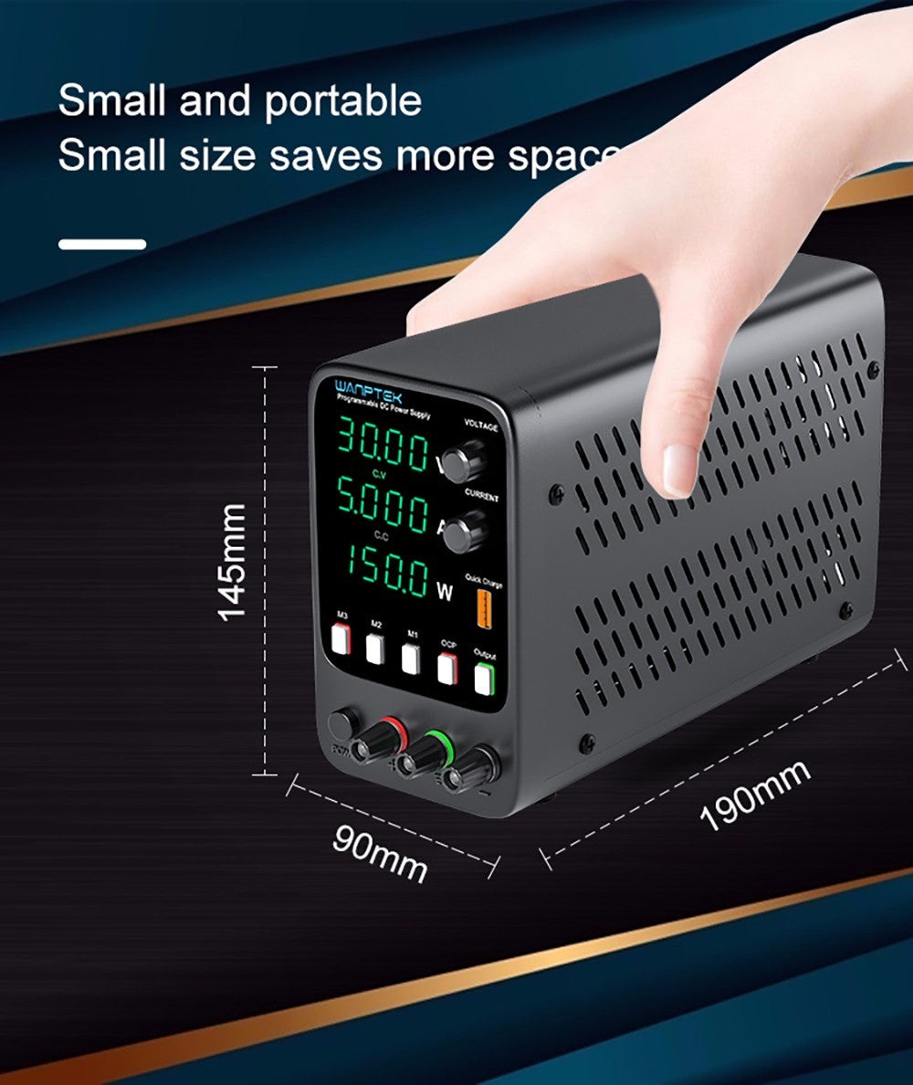 Wanptek APS305H Programmierbares geregeltes Gleichstromnetzteil, 30 V, 5 A, Speicherfunktion, Encoder-Einstellung, USB-Schnellladung, 4-stellige Anzeige, geringe Restwelligkeit, Lüfter, Schwarz – EU-Stecker