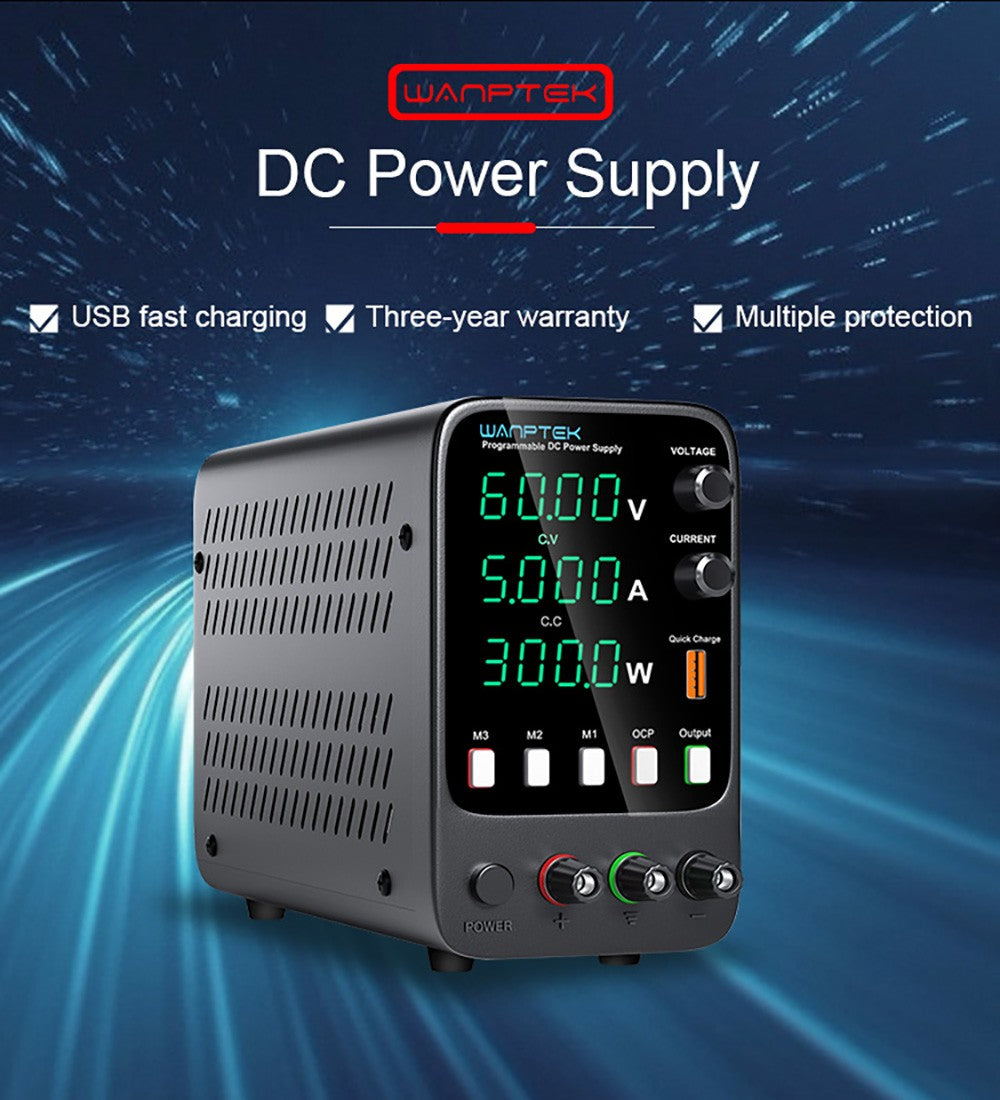 Fuente de alimentación CC regulada programable WANPTEK APS605H, 60 V 5 A, función de memoria de almacenamiento, ajuste mediante codificador, carga rápida USB, pantalla de 4 dígitos, baja ondulación, ventilador de refrigeración - Enchufe UE
