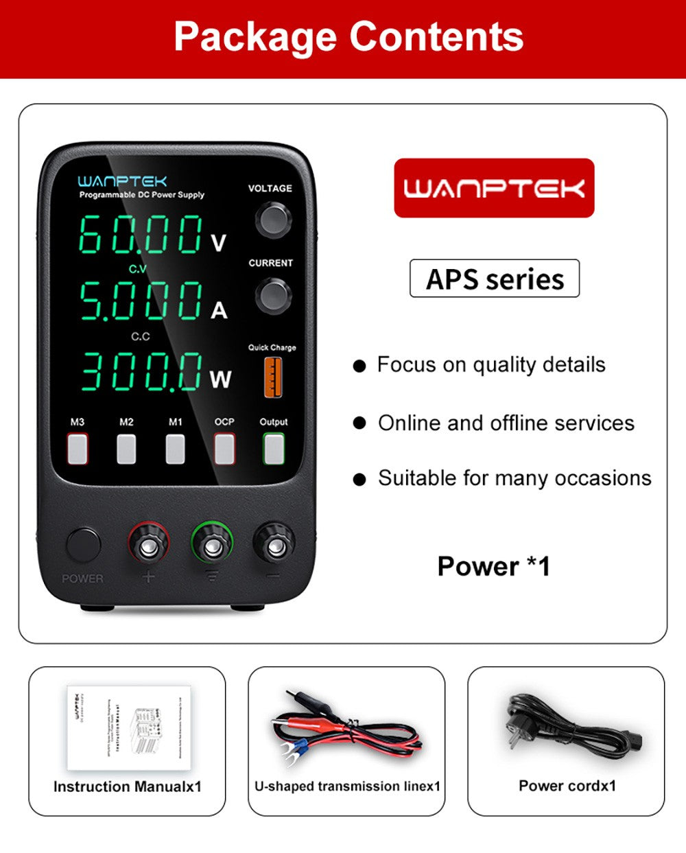 Fuente de alimentación CC regulada programable WANPTEK APS605H, 60 V 5 A, función de memoria de almacenamiento, ajuste mediante codificador, carga rápida USB, pantalla de 4 dígitos, baja ondulación, ventilador de refrigeración - Enchufe UE