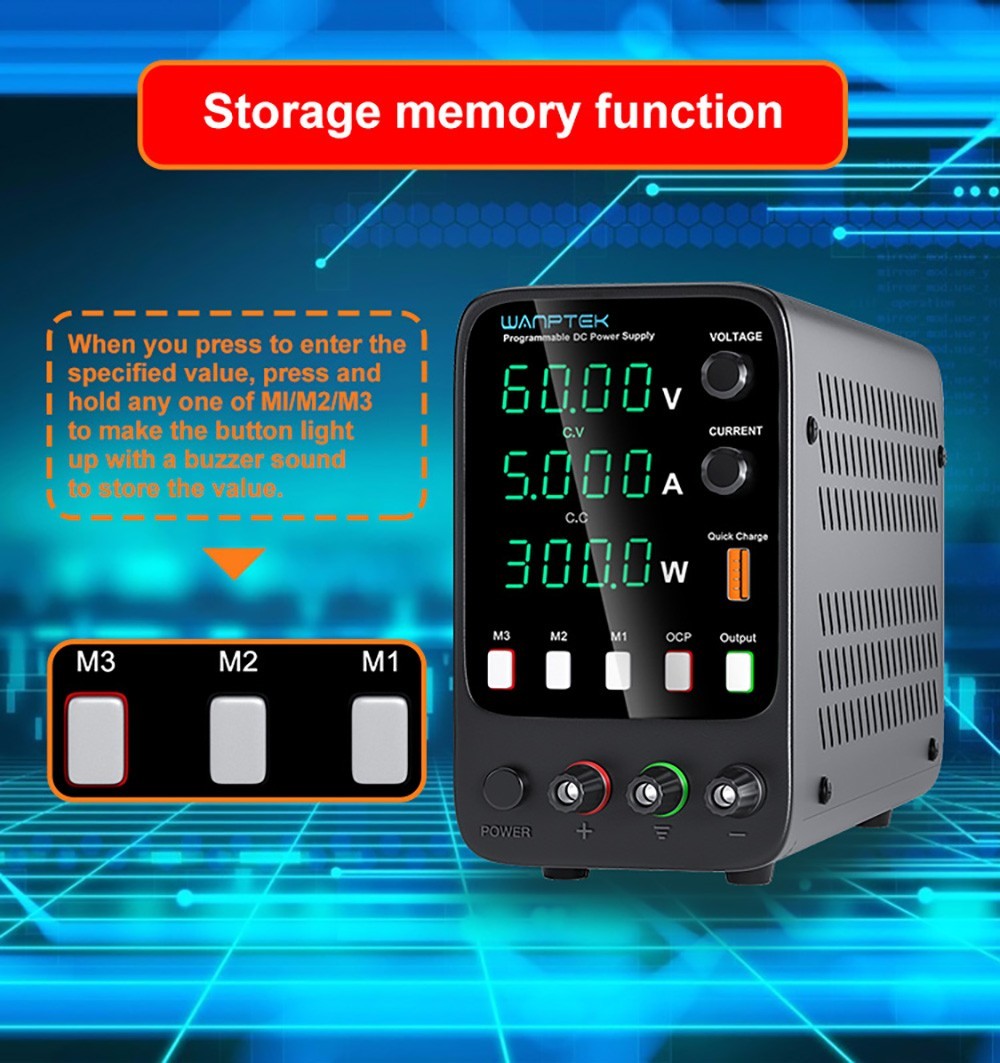 Fuente de alimentación CC regulada programable WANPTEK APS605H, 60 V 5 A, función de memoria de almacenamiento, ajuste mediante codificador, carga rápida USB, pantalla de 4 dígitos, baja ondulación, ventilador de refrigeración - Enchufe UE