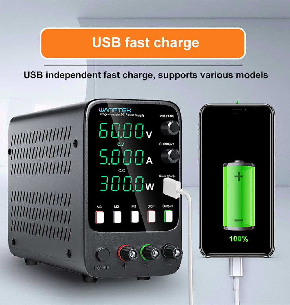 Fuente de alimentación CC regulada programable WANPTEK APS605H, 60 V 5 A, función de memoria de almacenamiento, ajuste mediante codificador, carga rápida USB, pantalla de 4 dígitos, baja ondulación, ventilador de refrigeración - Enchufe UE