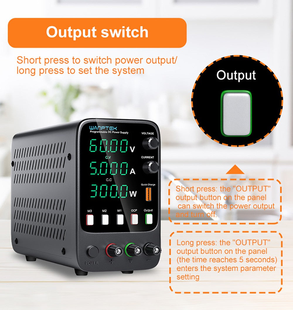 Fuente de alimentación CC regulada programable WANPTEK APS605H, 60 V 5 A, función de memoria de almacenamiento, ajuste mediante codificador, carga rápida USB, pantalla de 4 dígitos, baja ondulación, ventilador de refrigeración - Enchufe UE