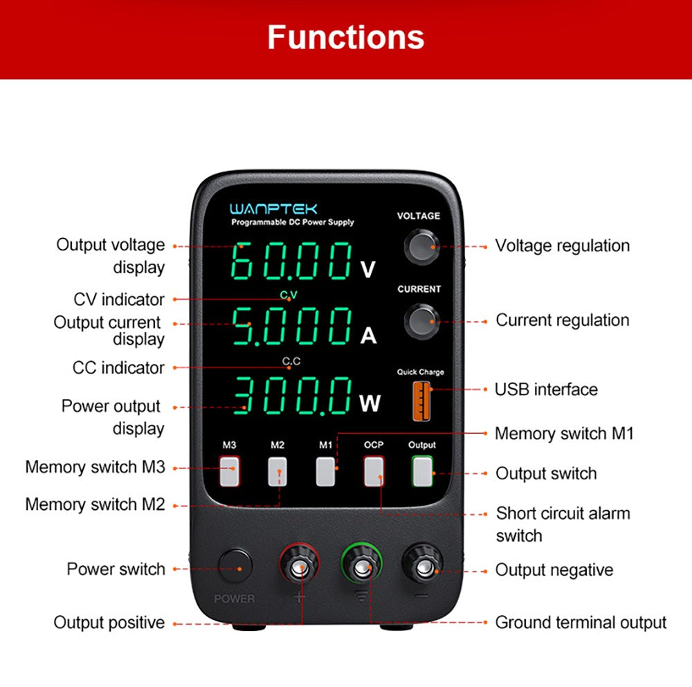 Fuente de alimentación CC regulada programable WANPTEK APS605H, 60 V 5 A, función de memoria de almacenamiento, ajuste mediante codificador, carga rápida USB, pantalla de 4 dígitos, baja ondulación, ventilador de refrigeración - Enchufe UE