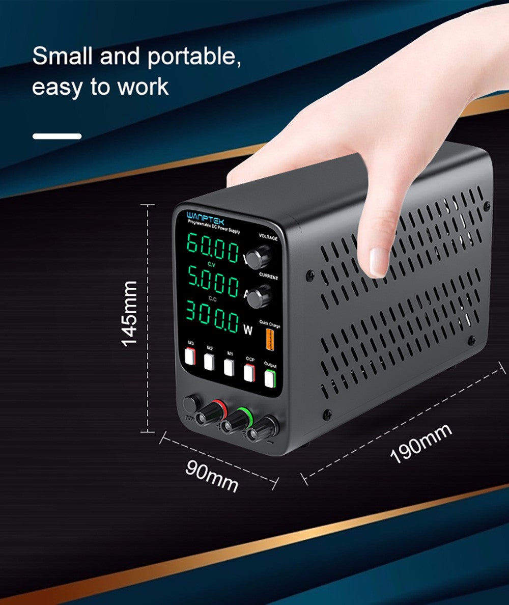 Fuente de alimentación CC regulada programable WANPTEK APS605H, 60 V 5 A, función de memoria de almacenamiento, ajuste mediante codificador, carga rápida USB, pantalla de 4 dígitos, baja ondulación, ventilador de refrigeración - Enchufe UE