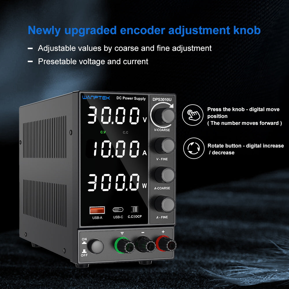 Fuente de alimentación CC regulada y ajustable de estado sólido WANPTEK DPS3010U, 30 V 10 A, ajuste por codificador, carga rápida USB tipo C, pantalla de 4 dígitos, baja ondulación, bajo ruido, ventilador de refrigeración negro - Enchufe del Reino Unido