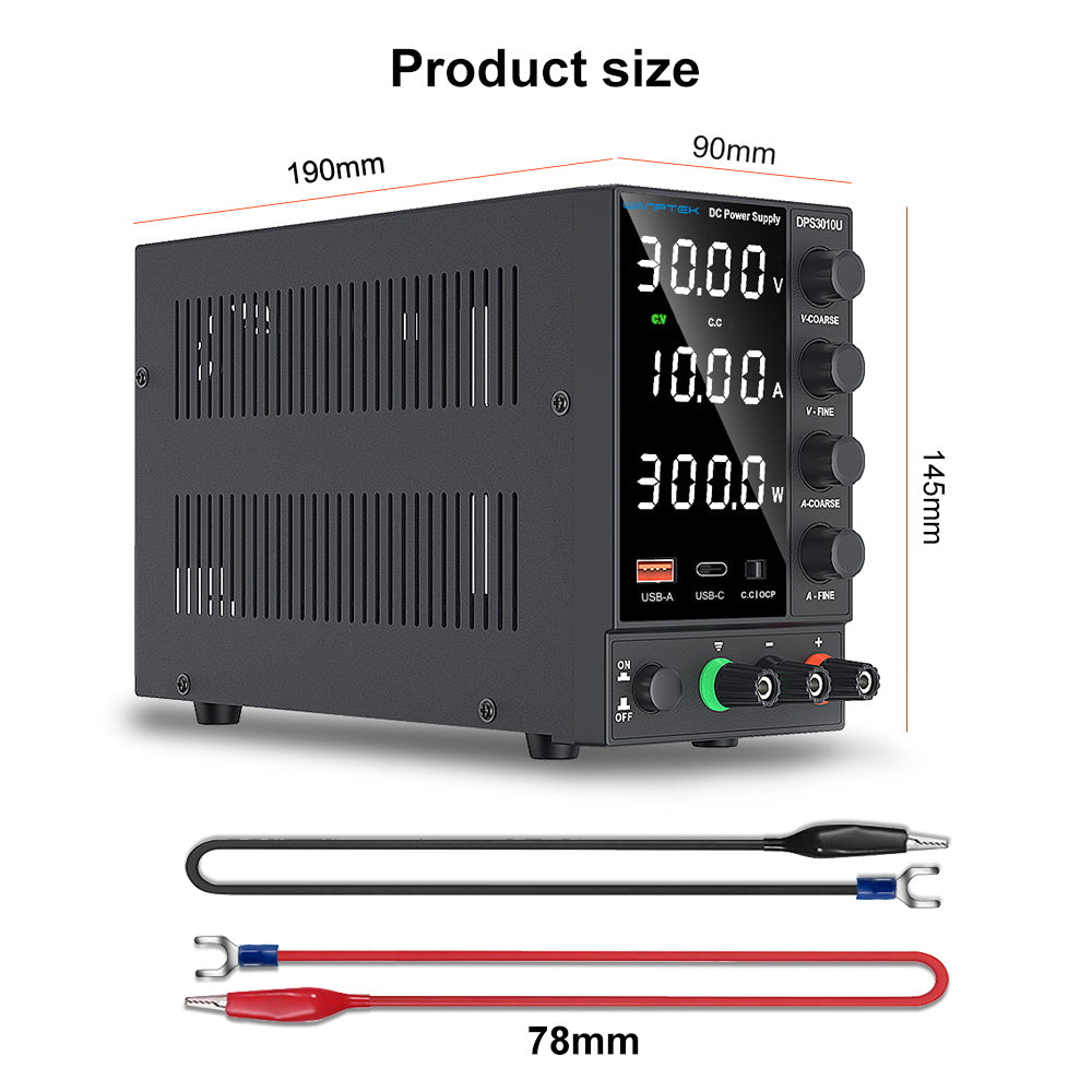 Fuente de alimentación CC regulada y ajustable de estado sólido WANPTEK DPS3010U, 30 V 10 A, ajuste por codificador, carga rápida USB tipo C, pantalla de 4 dígitos, baja ondulación, bajo ruido, ventilador de refrigeración negro - Enchufe del Reino Unido