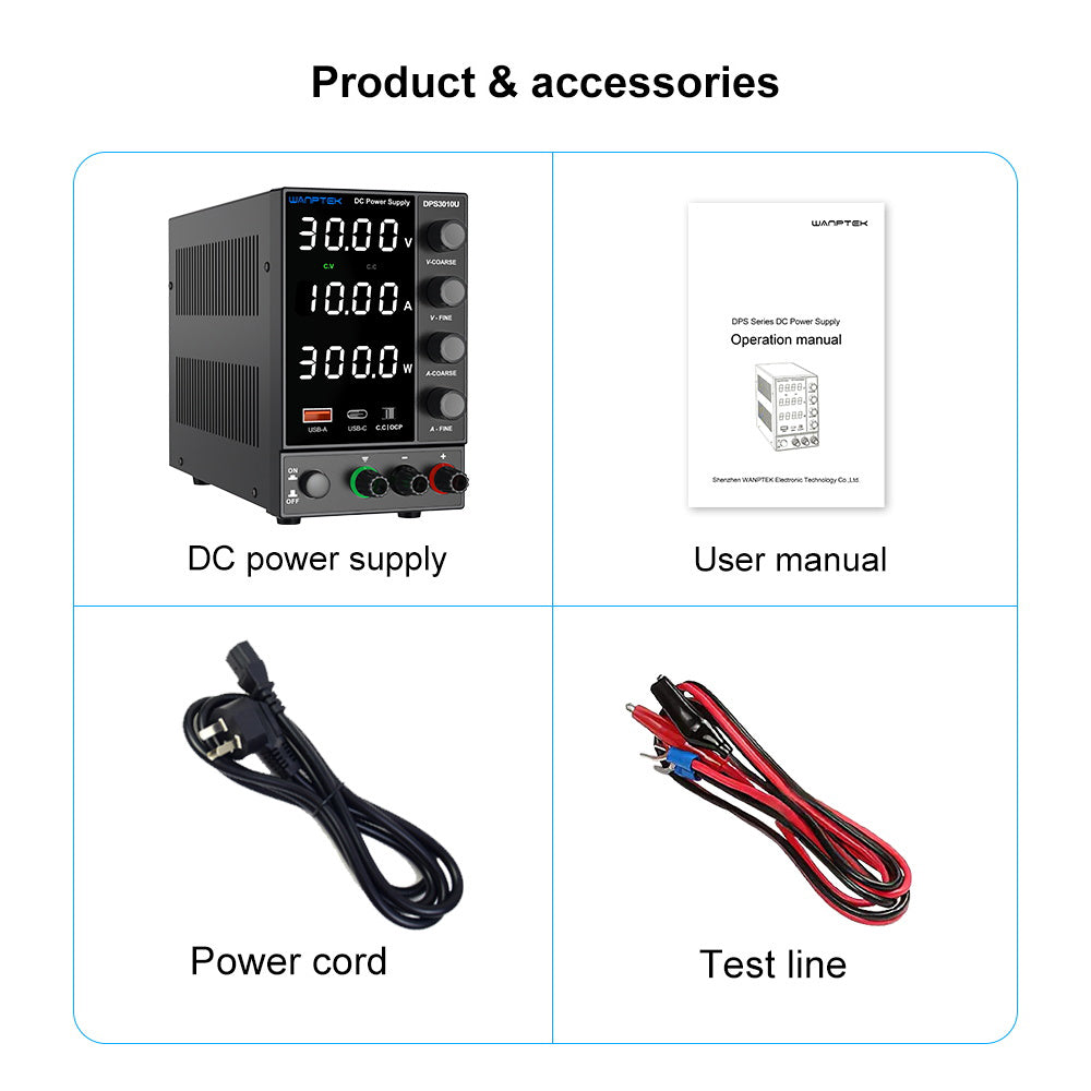 Fuente de alimentación CC regulada y ajustable de estado sólido WANPTEK DPS3010U, 30 V 10 A, ajuste por codificador, carga rápida USB tipo C, pantalla de 4 dígitos, baja ondulación, bajo ruido, ventilador de refrigeración negro - Enchufe del Reino Unido