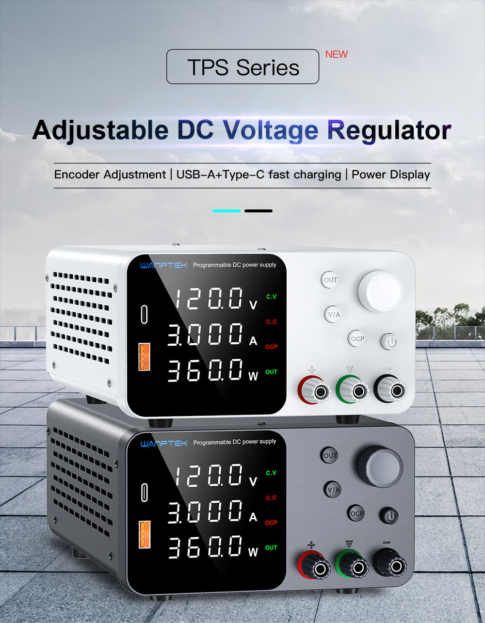 Fuente de alimentación CC regulada y ajustable WANPTEK TPS1203, 60 V 5 A, ajuste por codificador, carga rápida USB tipo C, pantalla de 4 dígitos, bajo ruido, conmutación A/V, ventilador de refrigeración negro - Enchufe UE