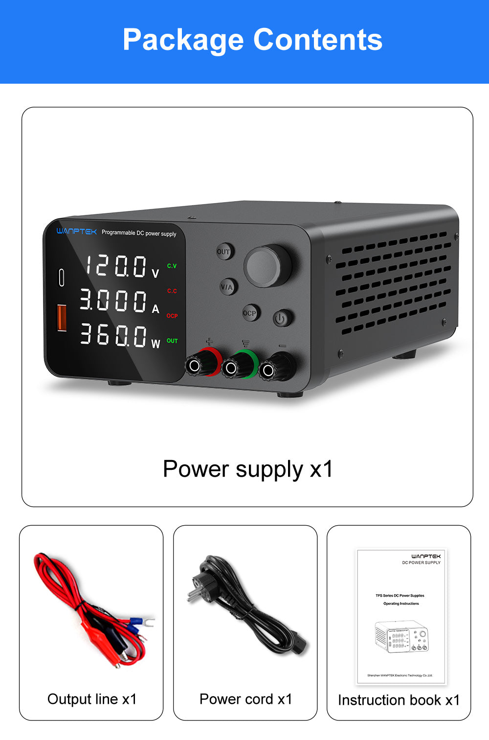 Fuente de alimentación CC regulada y ajustable WANPTEK TPS1203, 60 V 5 A, ajuste por codificador, carga rápida USB tipo C, pantalla de 4 dígitos, bajo ruido, conmutación A/V, ventilador de refrigeración negro - Enchufe UE