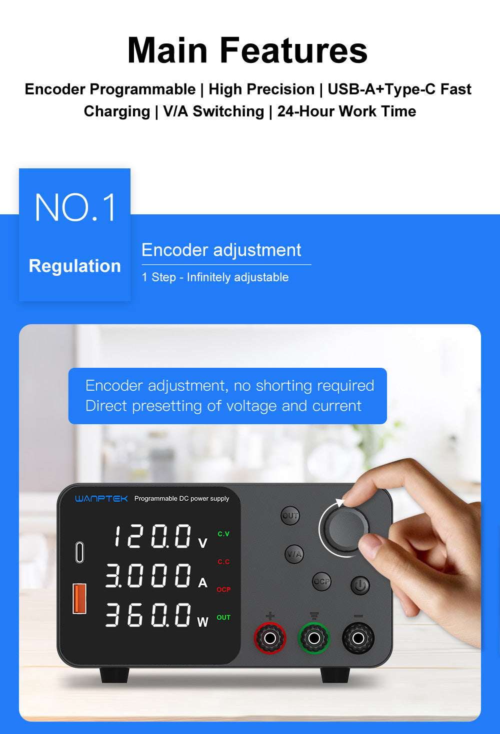 Fuente de alimentación CC regulada y ajustable WANPTEK TPS1203, 60 V 5 A, ajuste por codificador, carga rápida USB tipo C, pantalla de 4 dígitos, bajo ruido, conmutación A/V, ventilador de refrigeración negro - Enchufe UE