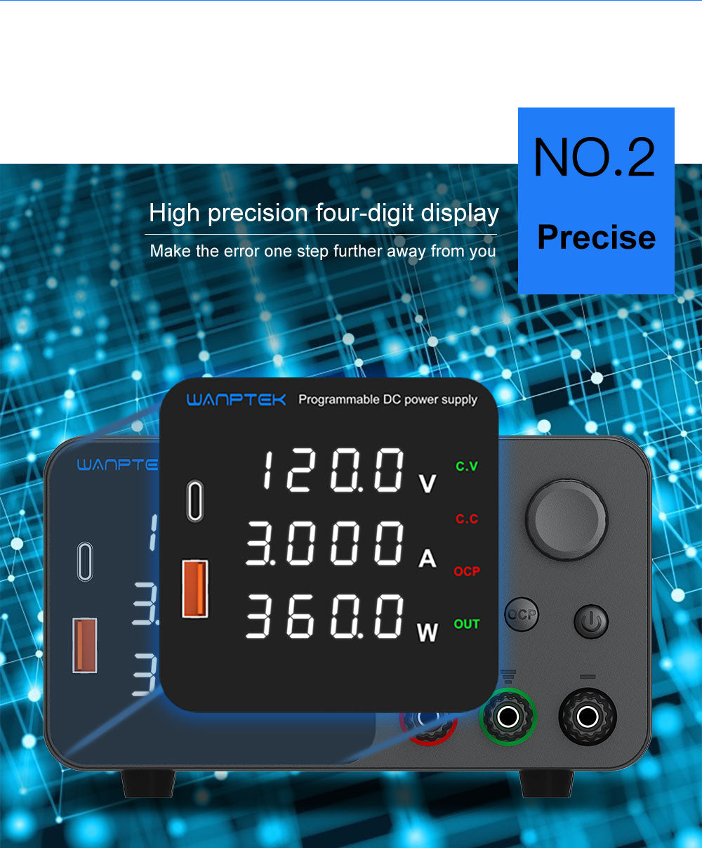 Fuente de alimentación CC regulada y ajustable WANPTEK TPS1203, 60 V 5 A, ajuste por codificador, carga rápida USB tipo C, pantalla de 4 dígitos, bajo ruido, conmutación A/V, ventilador de refrigeración negro - Enchufe UE