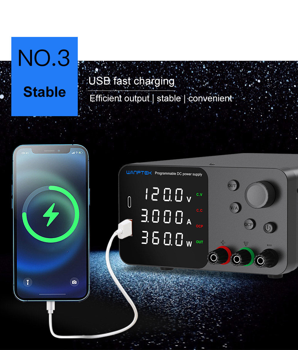 Fuente de alimentación CC regulada y ajustable WANPTEK TPS1203, 120 V 3 A, ajuste por codificador, carga rápida USB tipo C, pantalla de 4 dígitos, bajo ruido, conmutación A/V, ventilador de refrigeración negro - Enchufe UE