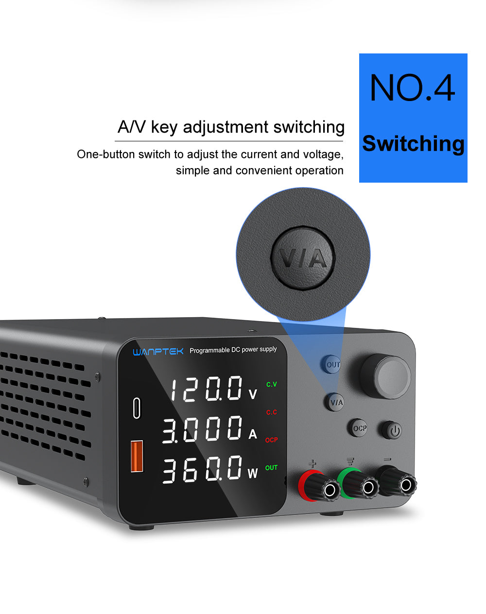Fuente de alimentación CC regulada y ajustable WANPTEK TPS1203, 60 V 5 A, ajuste por codificador, carga rápida USB tipo C, pantalla de 4 dígitos, bajo ruido, conmutación A/V, ventilador de refrigeración negro - Enchufe UE
