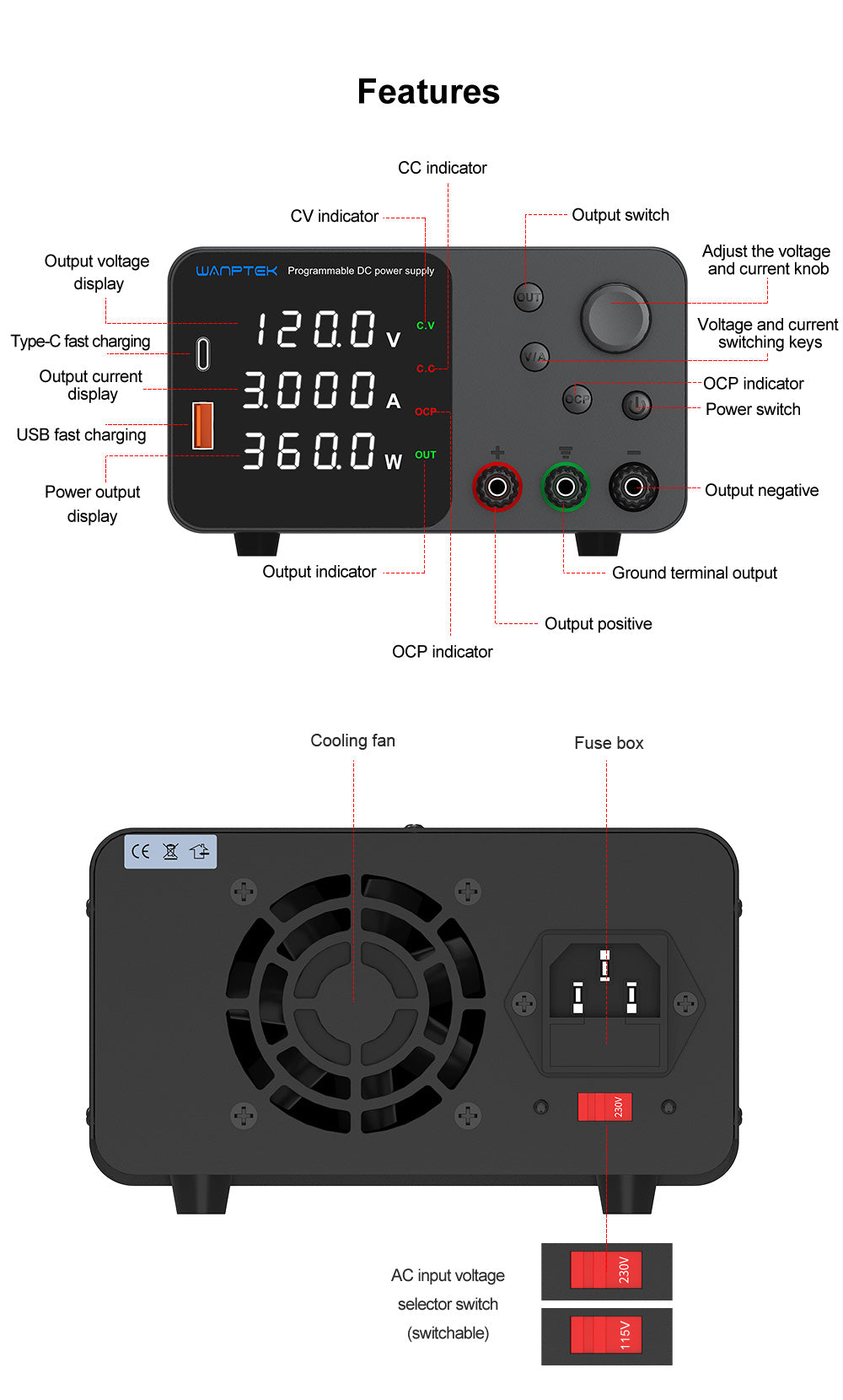 Fuente de alimentación CC regulada y ajustable WANPTEK TPS1203, 60 V 5 A, ajuste por codificador, carga rápida USB tipo C, pantalla de 4 dígitos, bajo ruido, conmutación A/V, ventilador de refrigeración negro - Enchufe UE