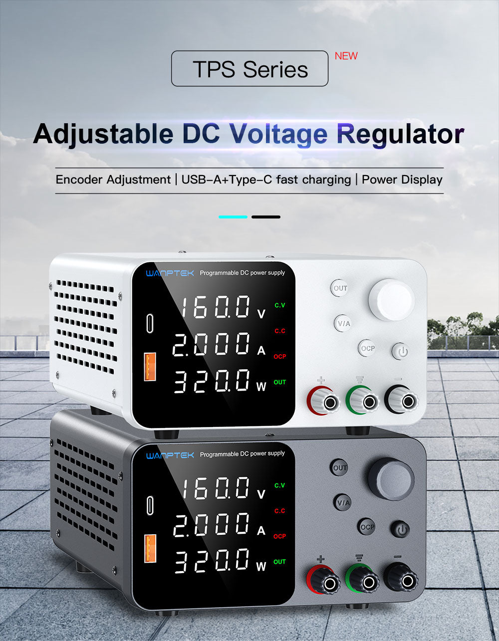 Fuente de alimentación CC regulada y ajustable WANPTEK TPS1602, 160 V 2 A, ajuste por codificador, carga rápida USB tipo C, pantalla de 4 dígitos, bajo ruido, conmutación A/V, ventilador de refrigeración blanco - Enchufe del Reino Unido
