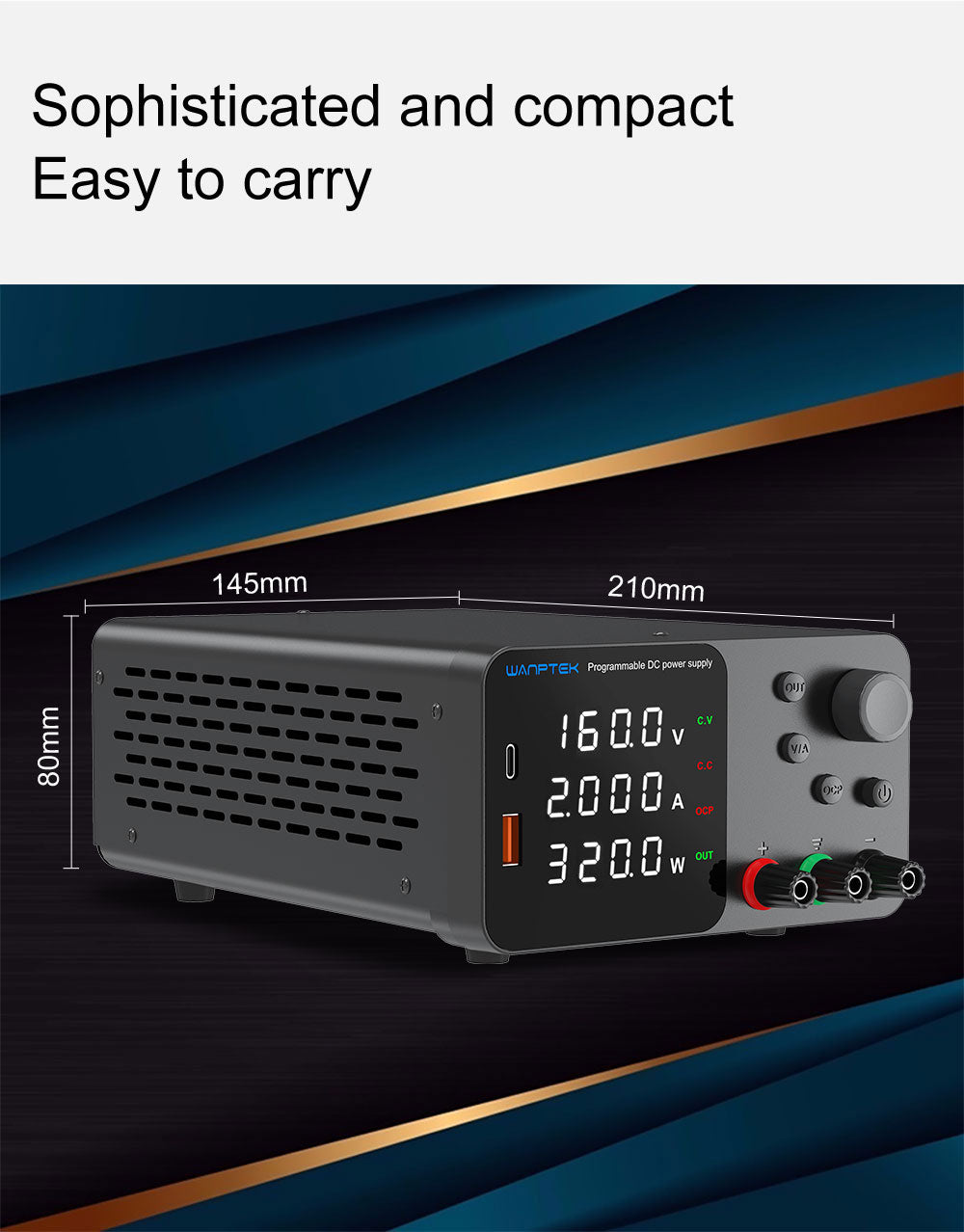 Fuente de alimentación CC regulada y ajustable WANPTEK TPS1602, 160 V 2 A, ajuste por codificador, carga rápida USB tipo C, pantalla de 4 dígitos, bajo ruido, conmutación A/V, ventilador de refrigeración blanco - Enchufe del Reino Unido