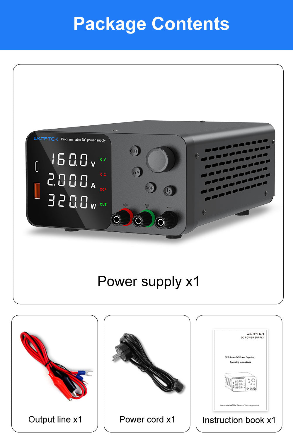 Fuente de alimentación CC regulada y ajustable WANPTEK TPS1602, 160 V 2 A, ajuste por codificador, carga rápida USB tipo C, pantalla de 4 dígitos, bajo ruido, conmutación A/V, ventilador de refrigeración blanco - Enchufe del Reino Unido